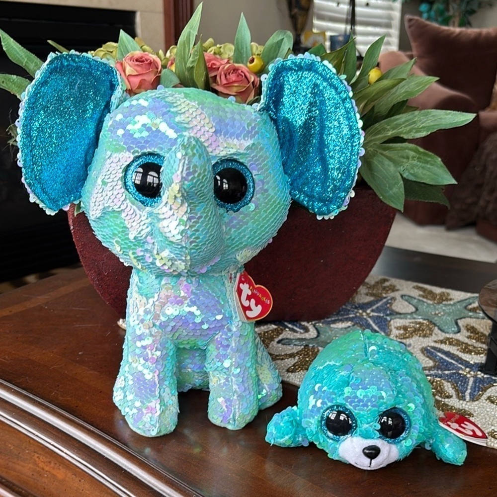 Set of 2 Ty Flippables Sequin Plush Stuart Elephant Waves Seal Beanie Boos Aqua
